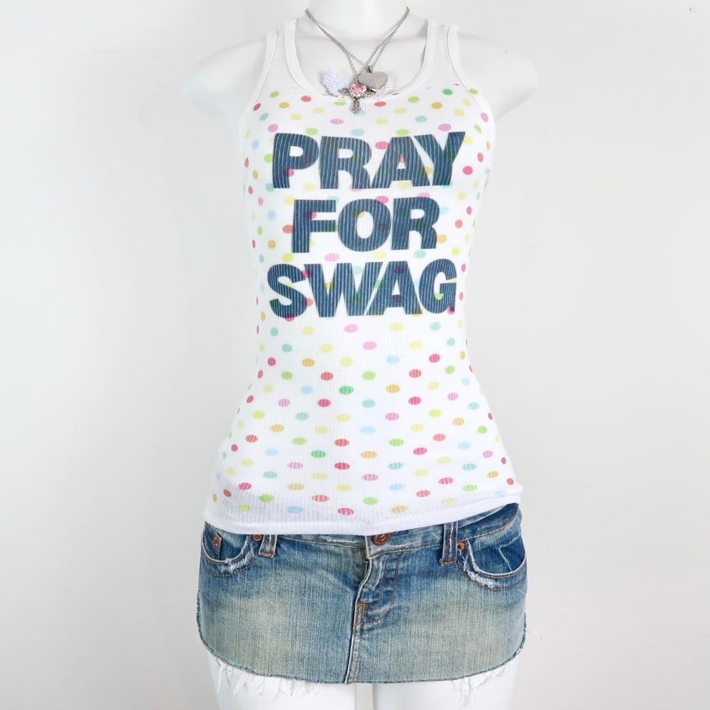 y2k pray for swag graphic tank top rainbow polka dot ribbed cami